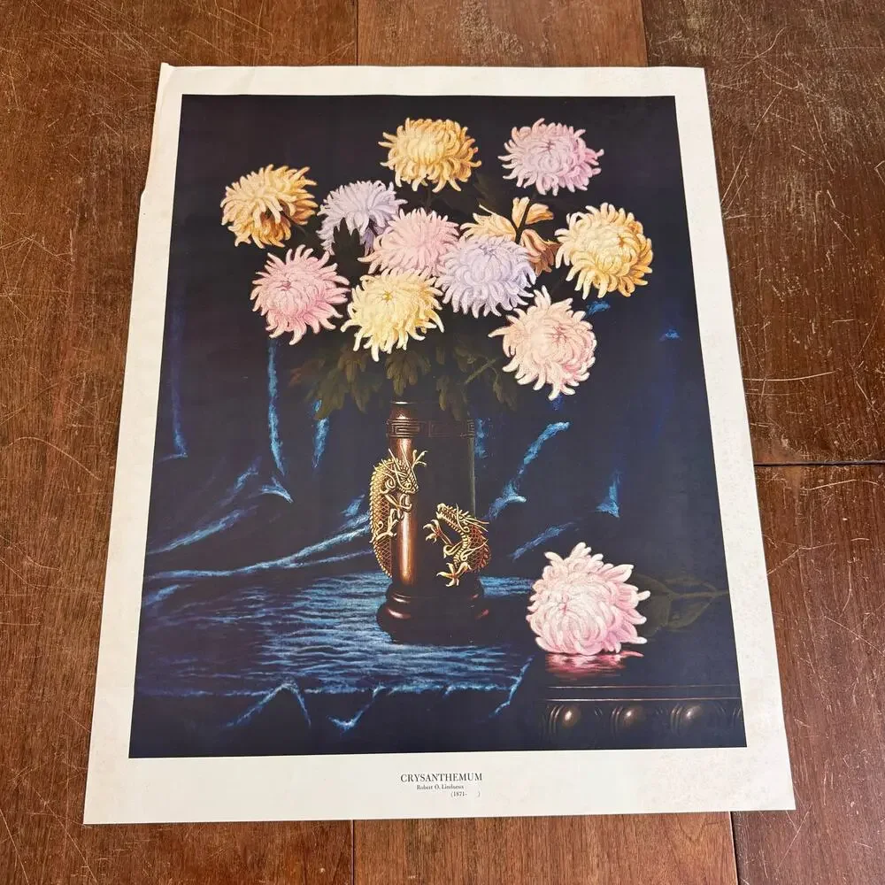 Chrysanthemum Pink Pastel Floral Print Robert O. Lindneux Vintage Wall decor‎
